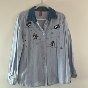 Button Down Winter Shirt Striped Penguin Snow Ice Skating Christmas Denim Whimsy